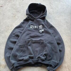 Vintage boxy faded black PROTO skate hoodie with amazing design and fit